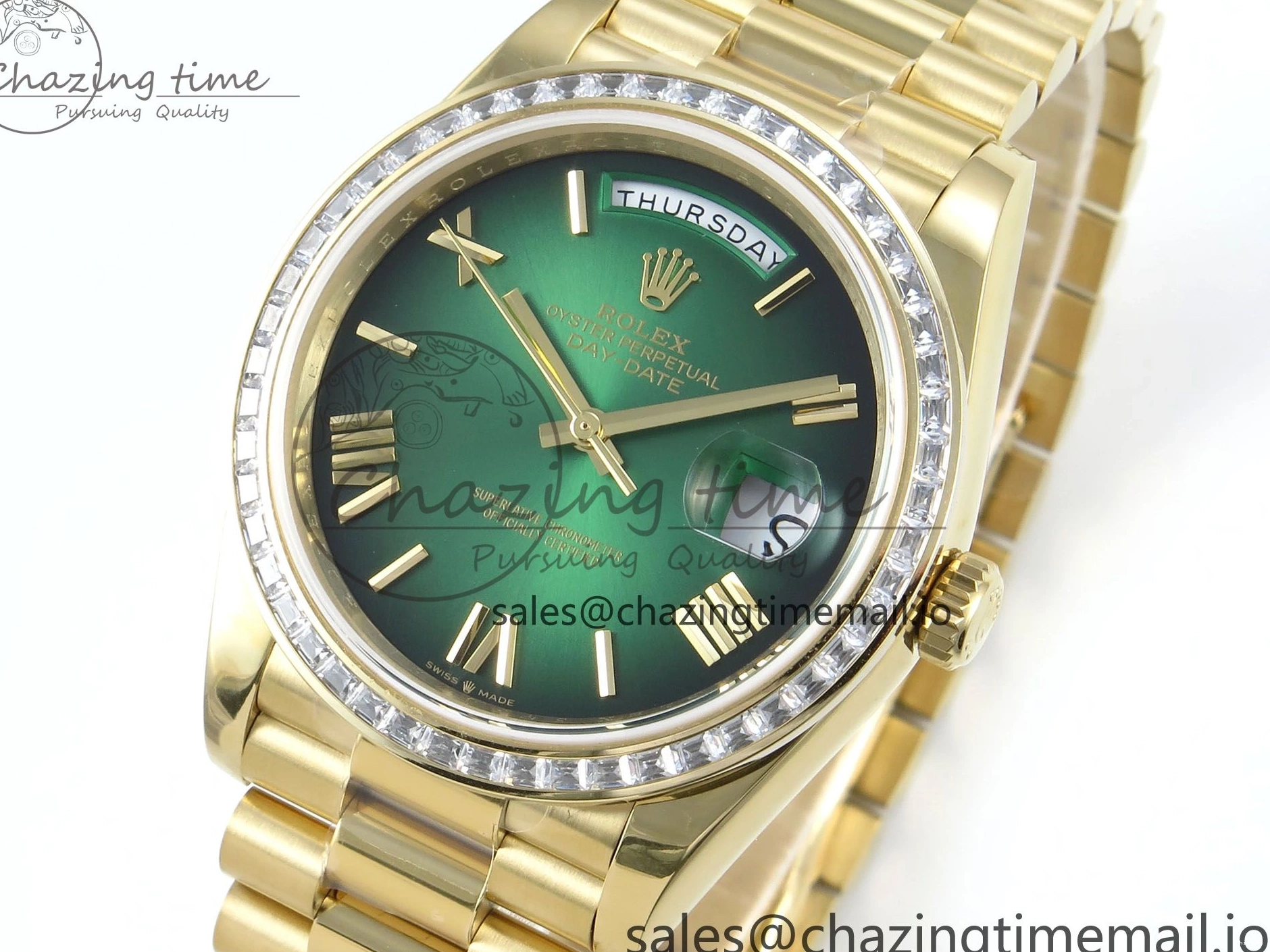 Bracelet Black 40 QF Diamonds Weight) Best YG on DayDate A2836 Dial V5 (Gain Bezel President Green Edition 1:1 0429